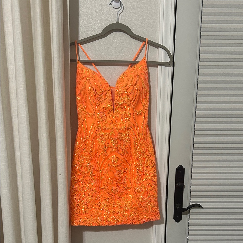 Vibrant Orange Embellished Mini Dress